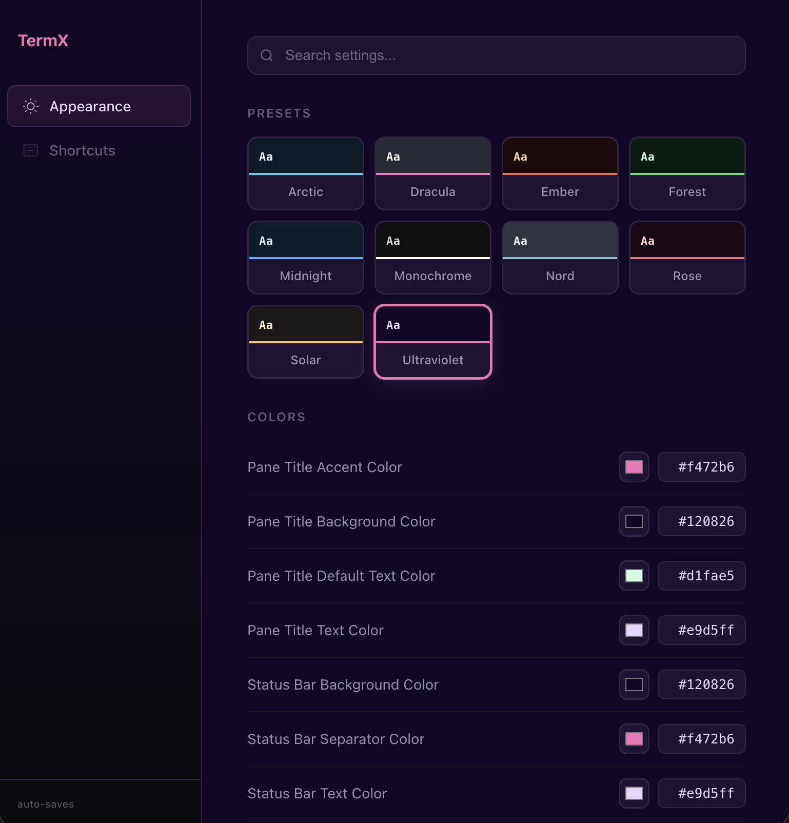 Settings page with theme presets